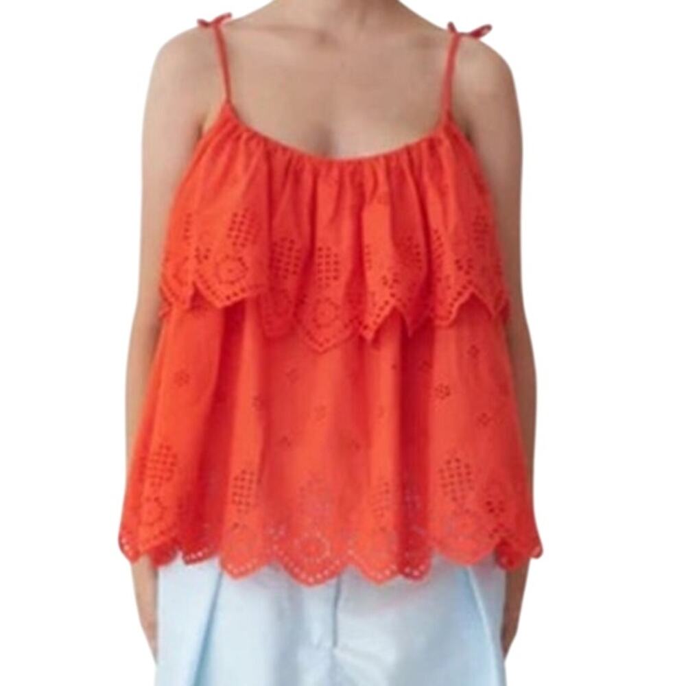 Stella Nova NWT Alberthe Ruffle Top Orange Red Size 36 US S Eyelet Tie Shoulder